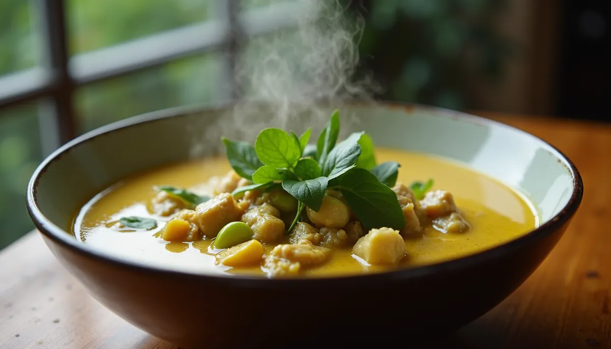 Eye-level view of a steaming bowl of Thai green curry with fresh herbs