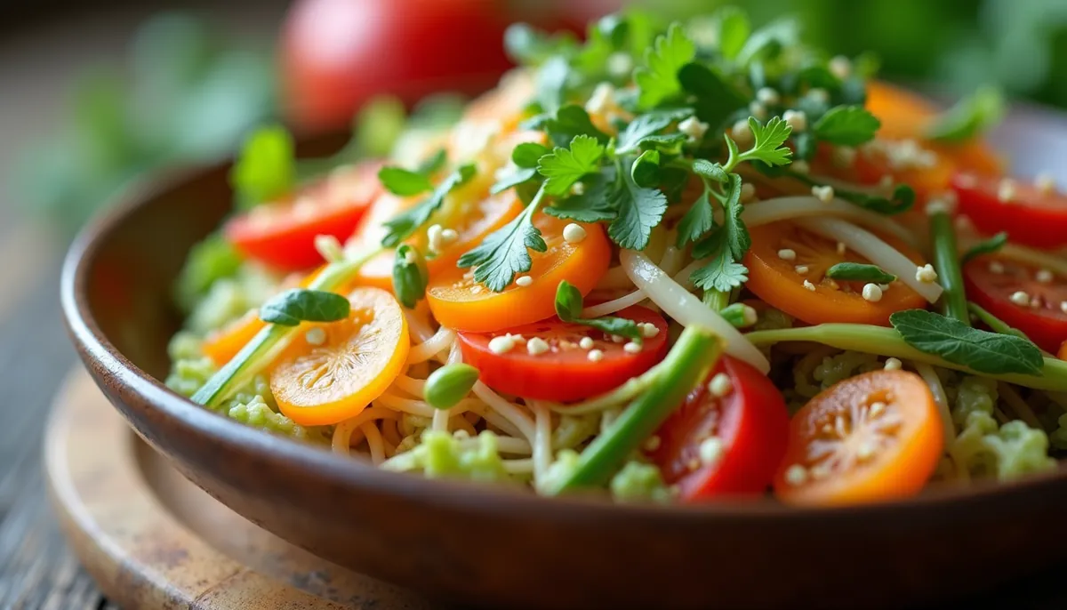 Close-up view of a colorful Thai salad with fresh vegetables and herbs
