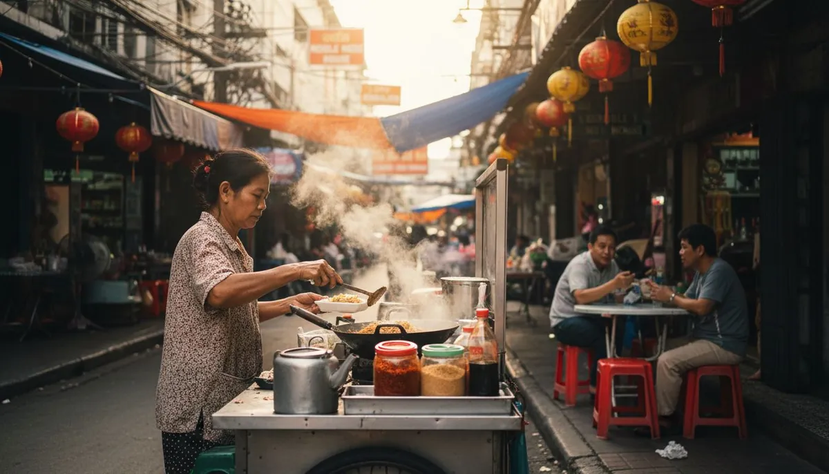 Thai street food vendor serving Pad Thai outdoors
