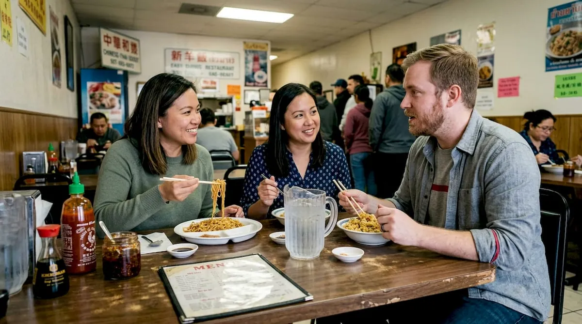 Coworkers eating lunch specials at busy restaurant