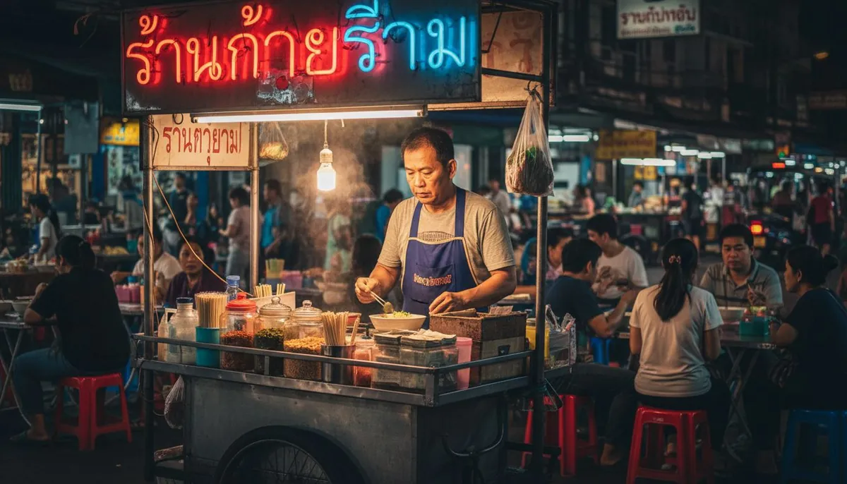 Thai street noodle vendor serving at night