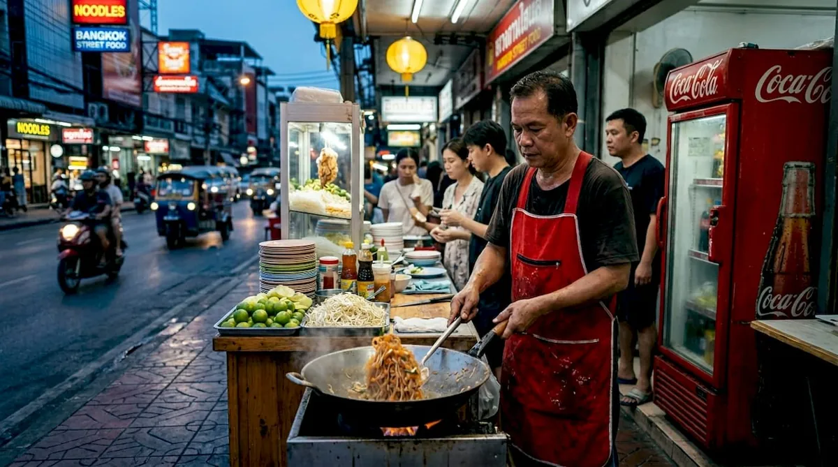 Bangkok street food vendor cooking at dusk