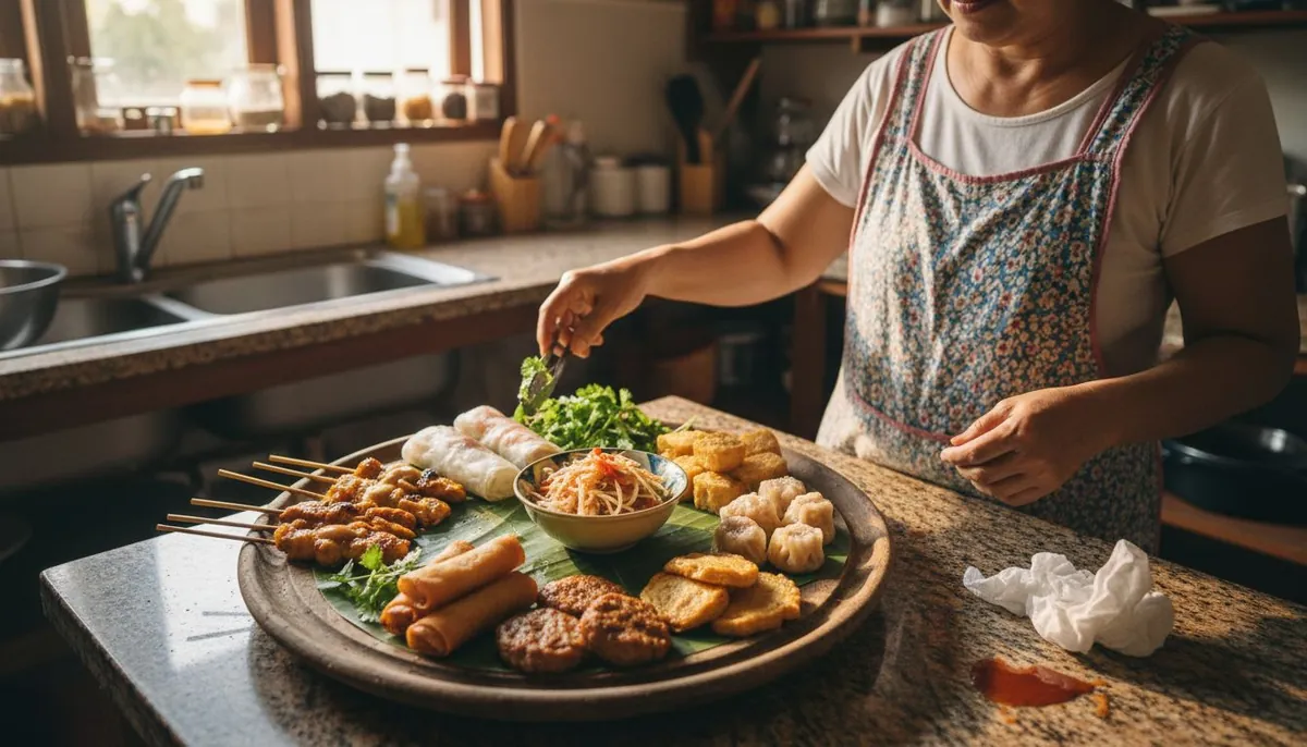 Platter displaying seven Thai appetizers in home kitchen
