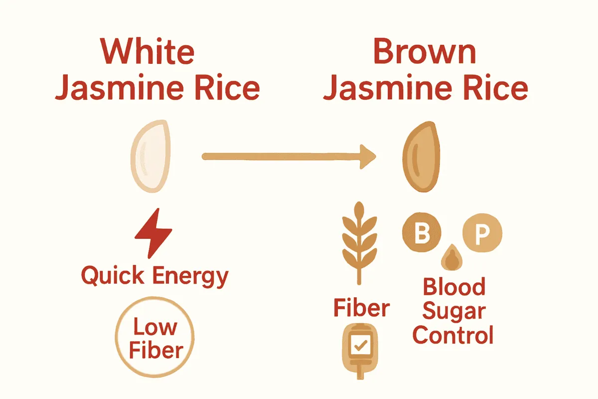 Infographic comparing nutrition of white jasmine rice and brown jasmine rice.