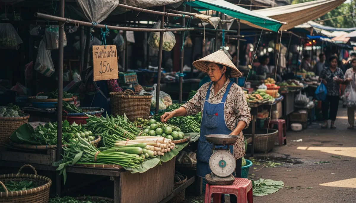 Street vendor displaying Thai vegetables in market