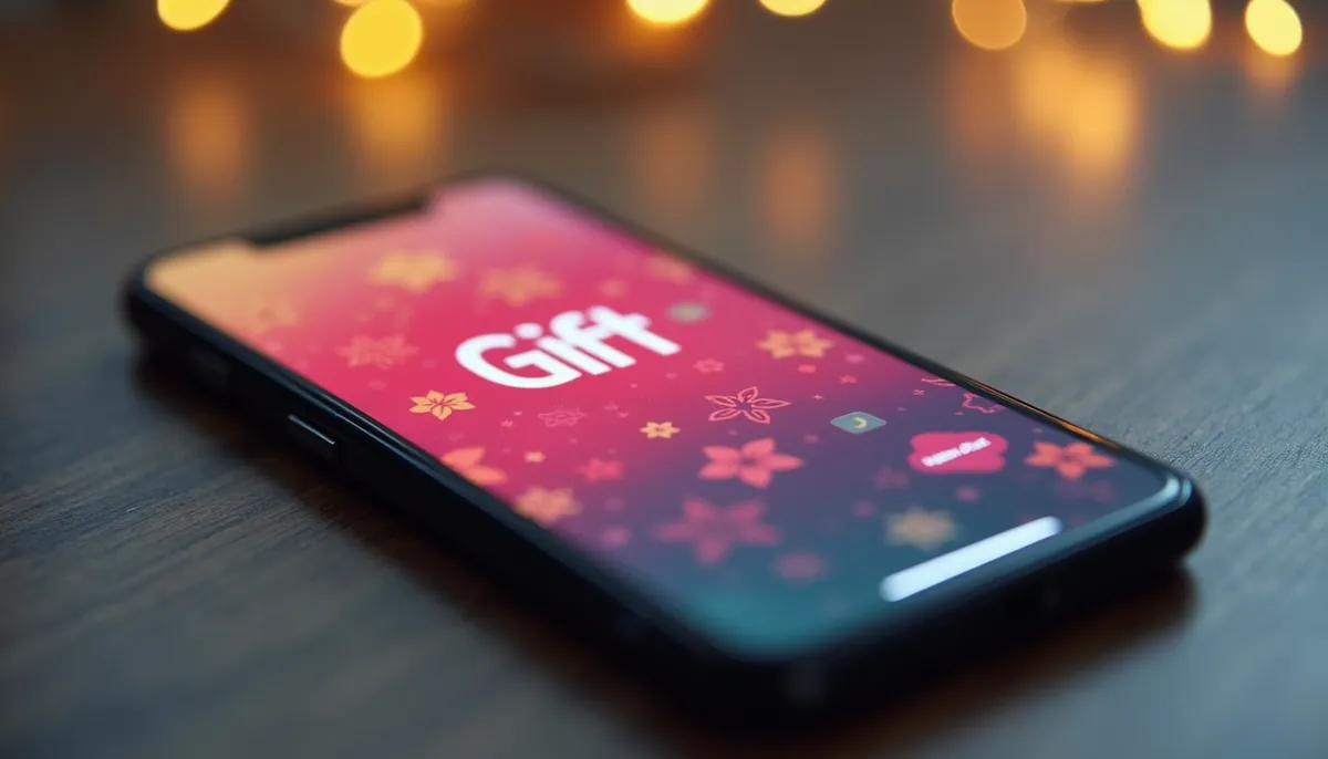 Eye-level view of a colorful digital gift card on a smartphone screen