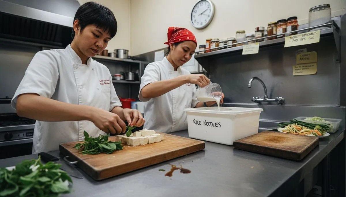 Cooks preparing vegan gluten free Thai ingredients