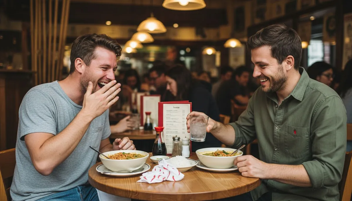 Friends sharing spicy Thai food in restaurant