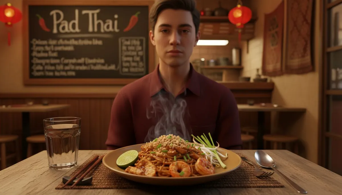 Beginner at table enjoying authentic Pad Thai
