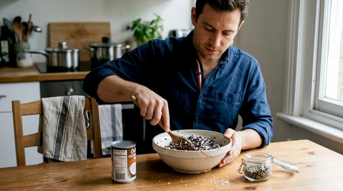 Making black sticky rice pudding at table