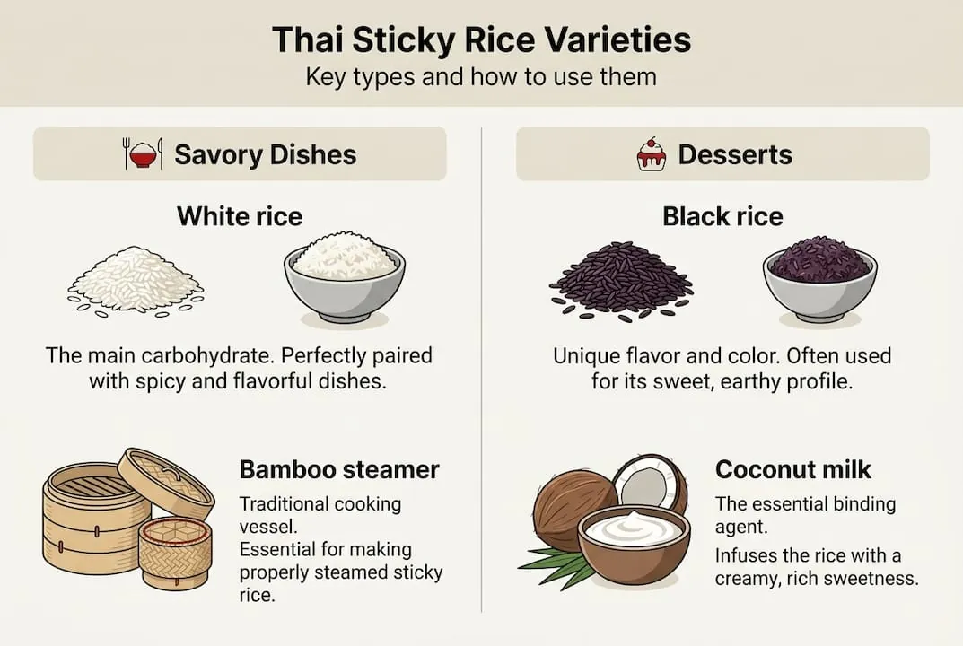 Infographic on Thai sticky rice types and uses