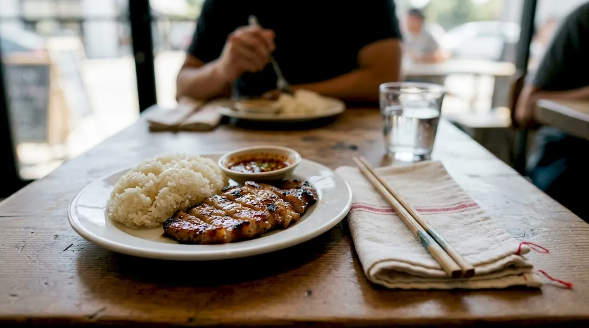 Sticky rice and grilled pork closeup