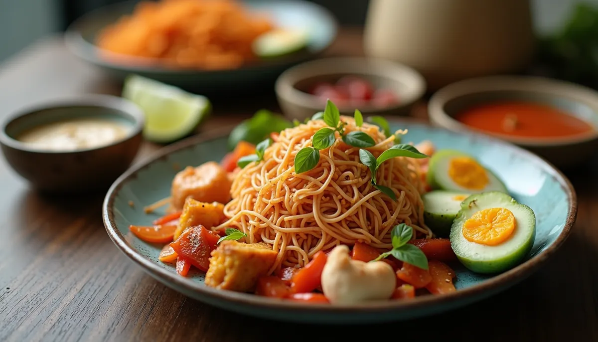 Eye-level view of a beautifully arranged Thai food platter with colorful dishes