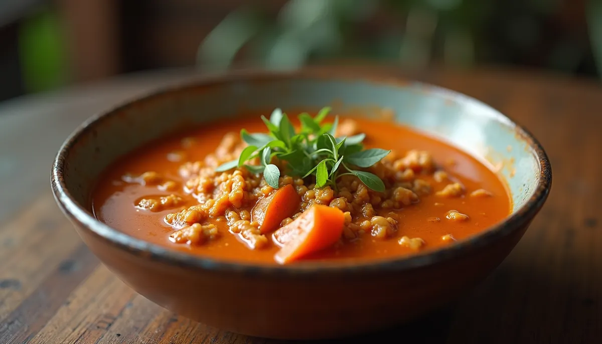 Close-up view of a Thai curry dish served in a traditional bowl