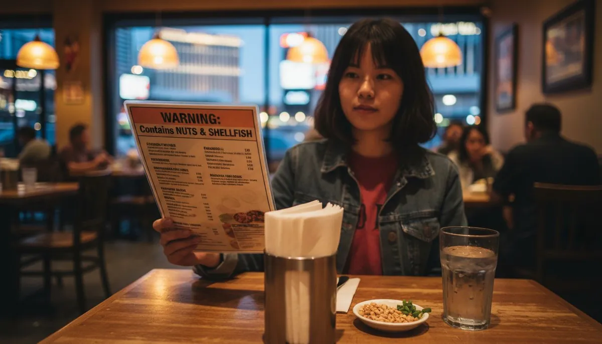 Diner checking Thai menu for allergens