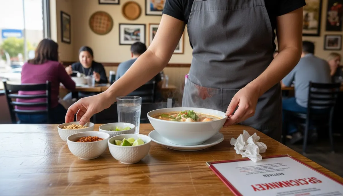 Waitress arranges Thai condiments on table