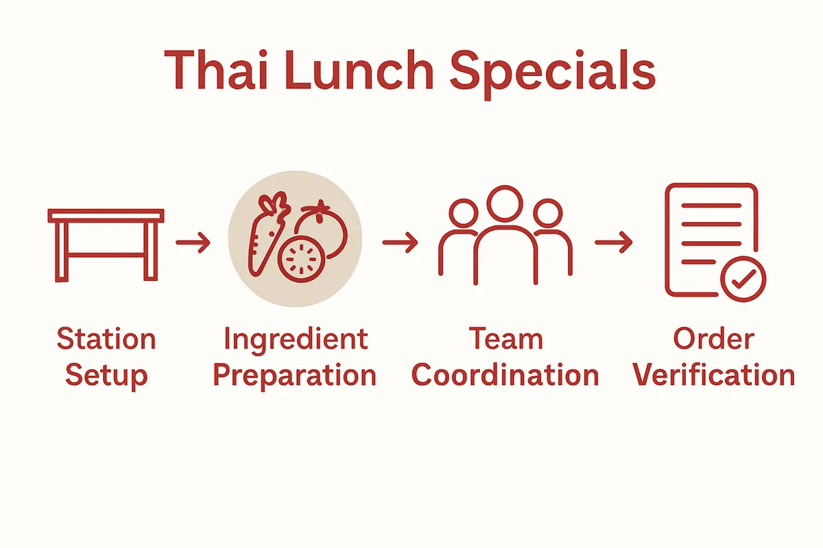 Infographic showing five key steps in Thai lunch specials workflow