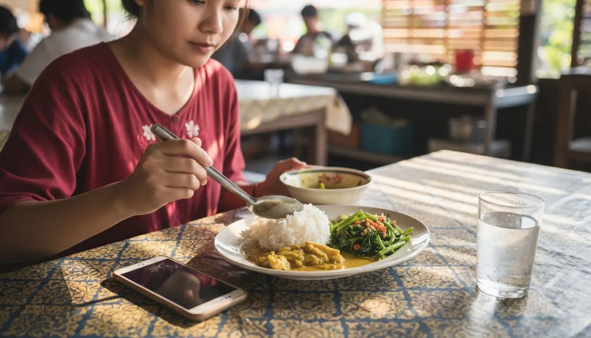 Woman serving rice from shared bowl