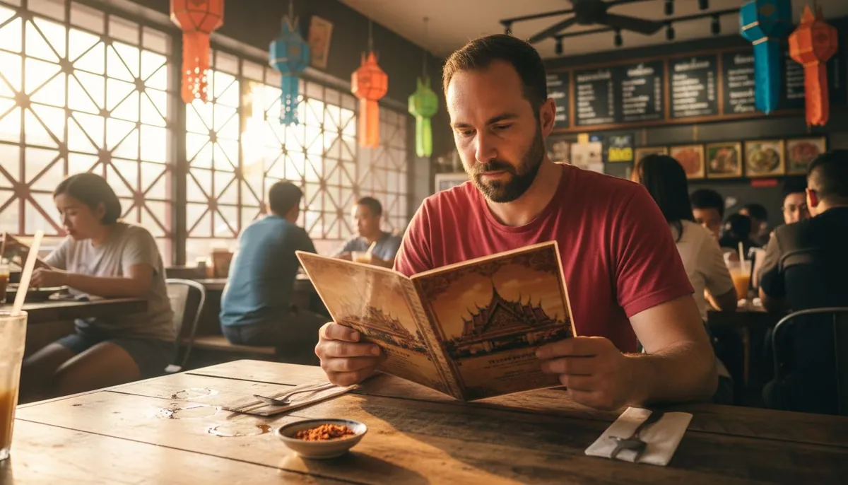 Diner browsing menu in lively Thai restaurant