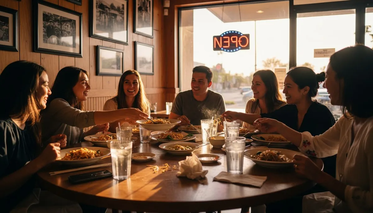 Group dining at busy Thai restaurant