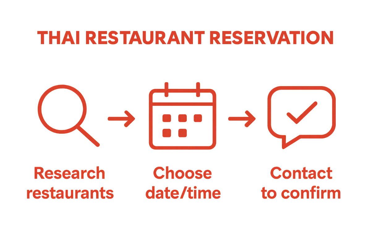 Three-step visual of Thai reservation process: research, choose time, confirm.