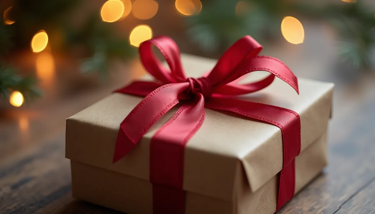 Close-up view of a beautifully wrapped gift box with a restaurant gift card inside