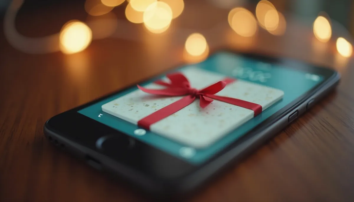 Eye-level view of a digital gift card displayed on a smartphone screen