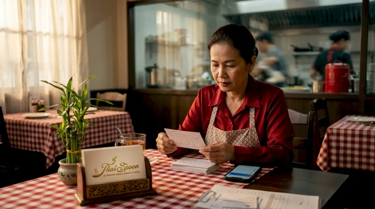 Thai restaurant owner reading reviews at table