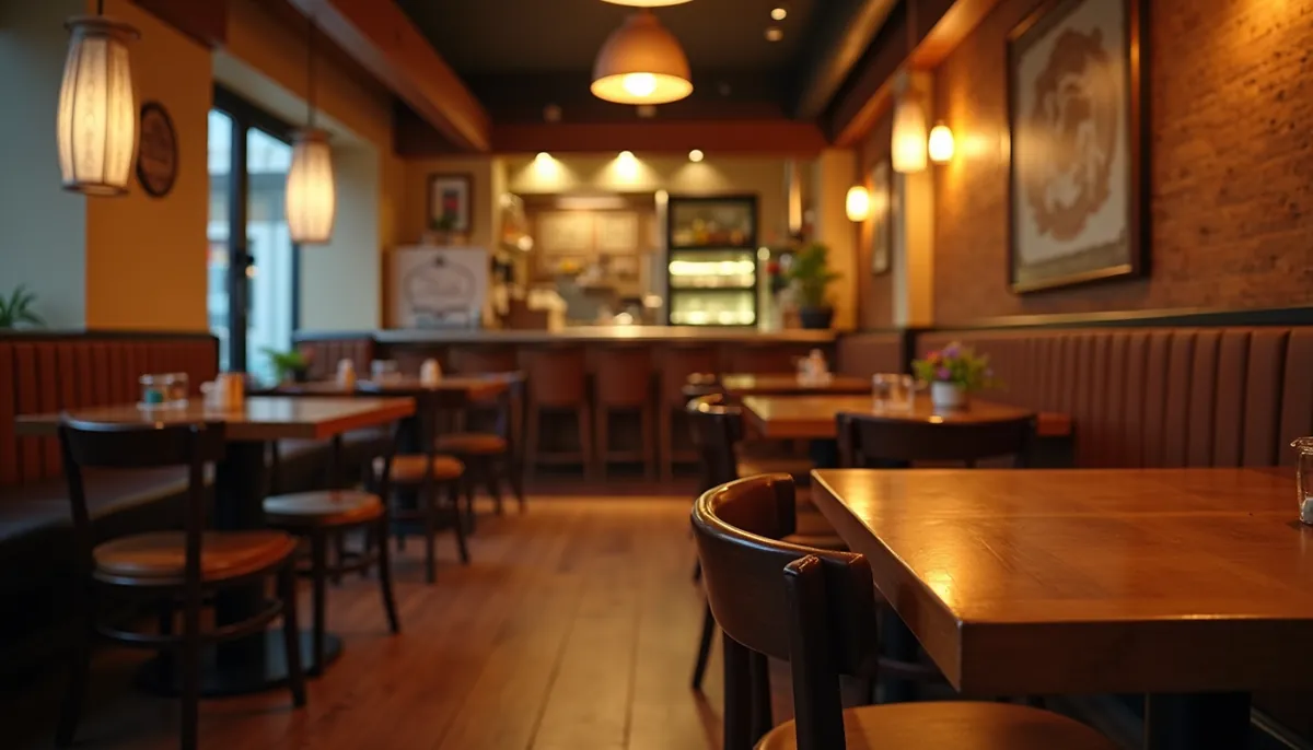 Eye-level view of a cozy Thai restaurant interior with wooden tables and warm lighting