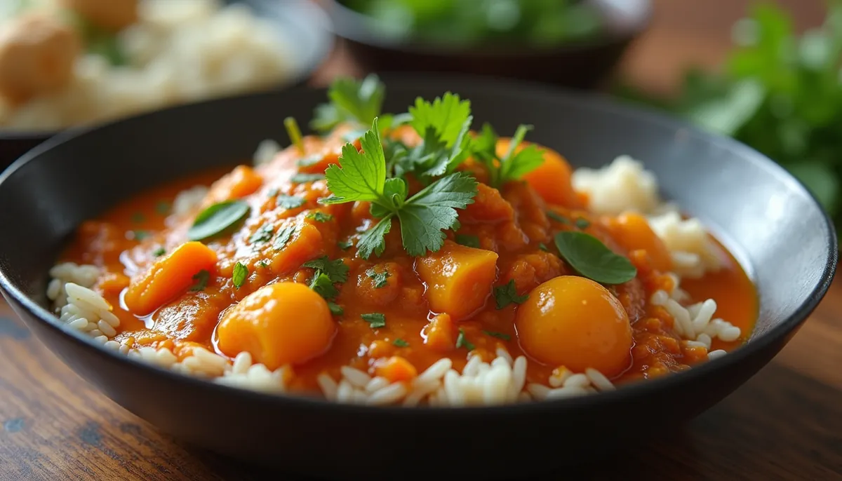 Close-up view of a colorful Thai curry dish with fresh herbs and rice