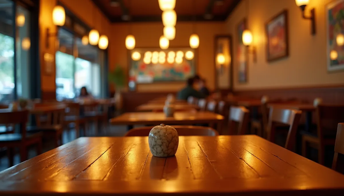 Eye-level view of a vibrant Thai restaurant interior with wooden tables and warm lighting