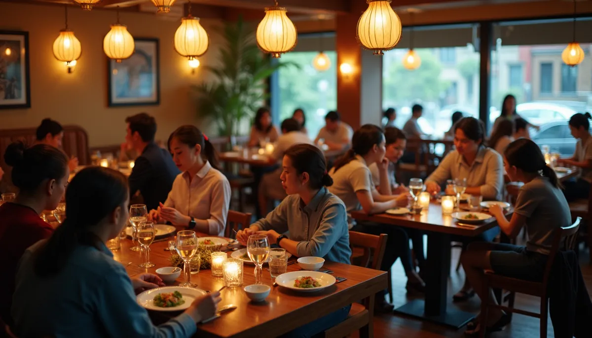 High angle view of a busy Thai restaurant with diners enjoying their meals