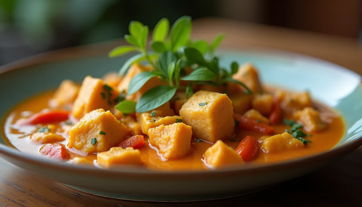 Close-up view of a beautifully plated Thai curry with fresh herbs