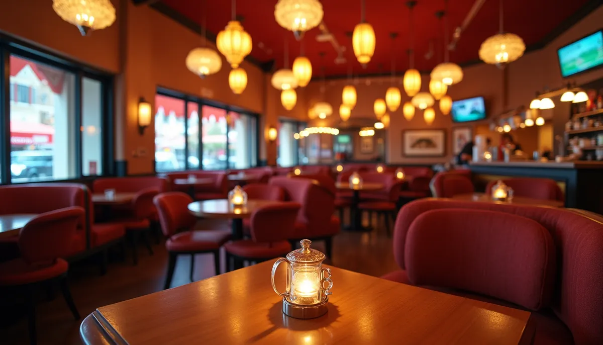 Eye-level view of a vibrant Las Vegas restaurant interior with cozy seating