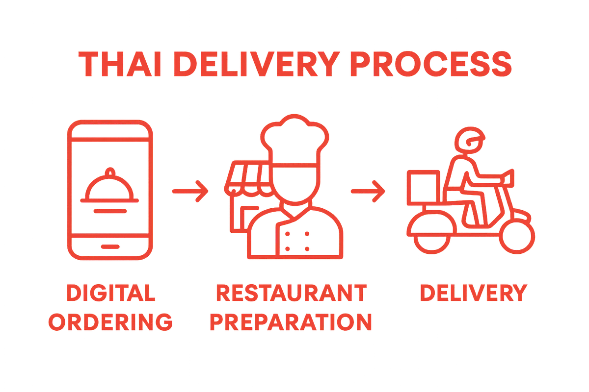 Infographic showing steps of Thai delivery process: order, prepare, deliver