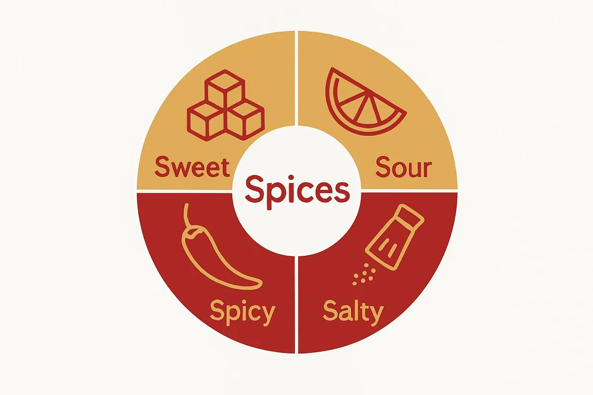 Circular infographic showing Thai flavor profile categories linked to spices