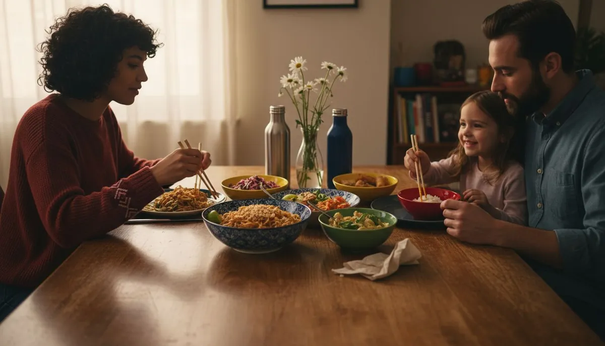 Family enjoying Thai meal at home table