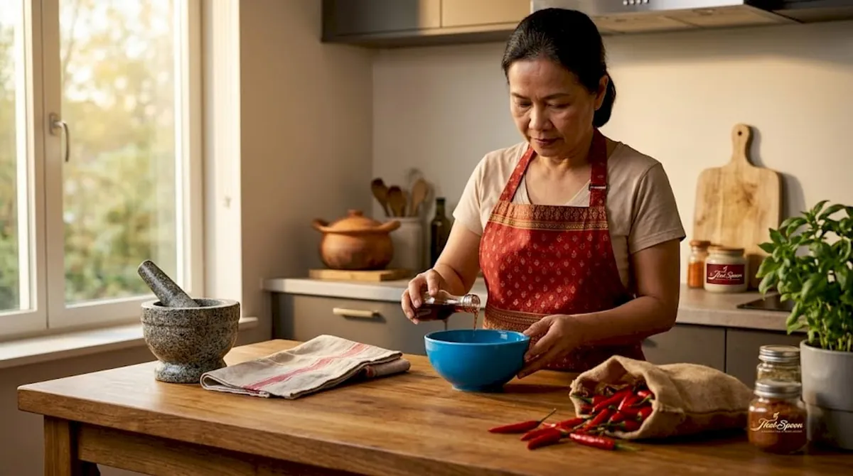 Thai cook preparing seasonings in home kitchen