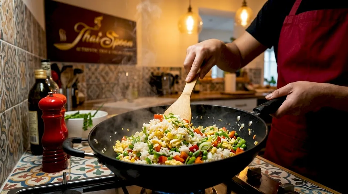 Close-up fried rice with eggs and vegetables