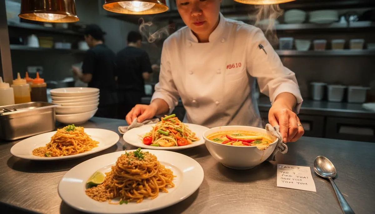 Chef arranging colorful Thai signature dishes