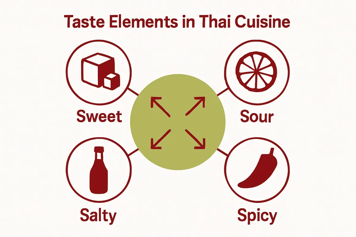 Infographic showing balanced sweet, sour, salty, spicy in Thai food