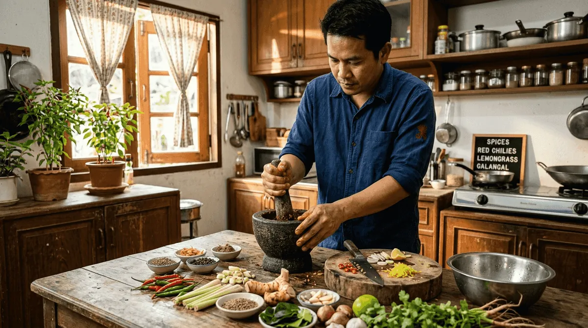Chef preparing Thai curry paste in bright kitchen
