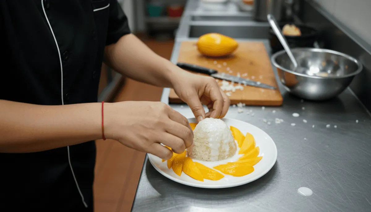 Chef plating authentic mango sticky rice dessert