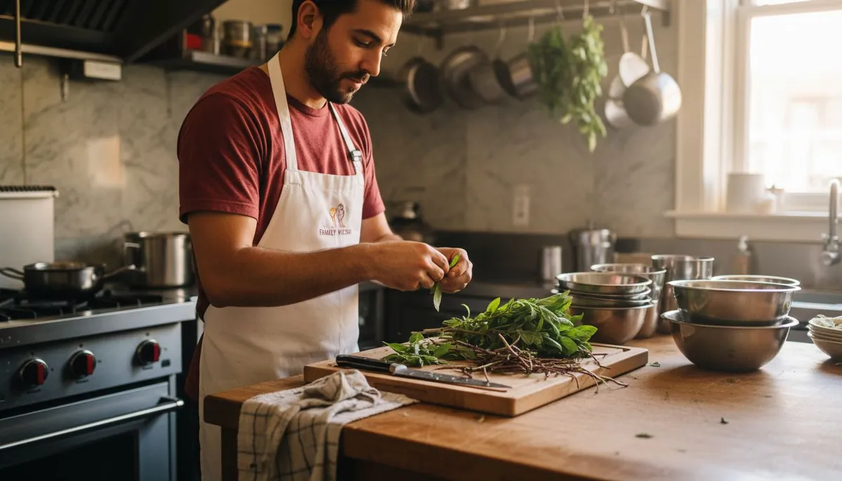 Chef preparing fresh Thai basil leaves