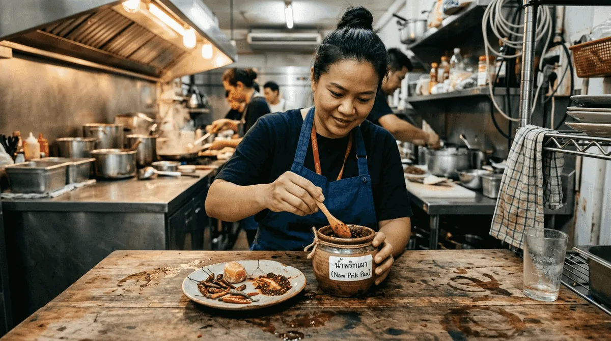 Thai chef preparing Nam Prik Pao in kitchen