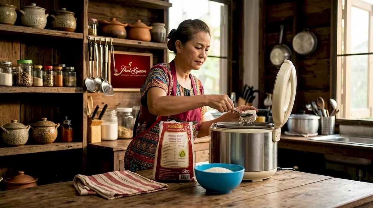 Thai woman measuring jasmine rice in kitchen