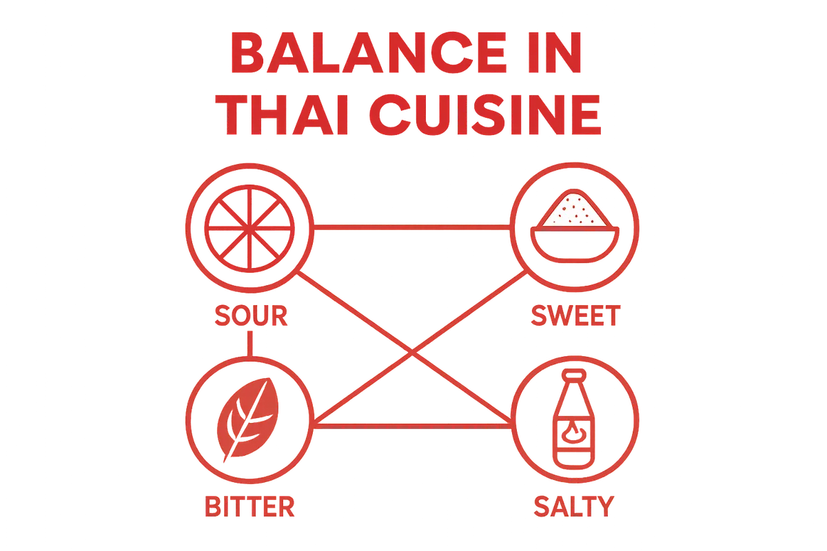 Infographic showing the five key flavor elements in Thai cuisine