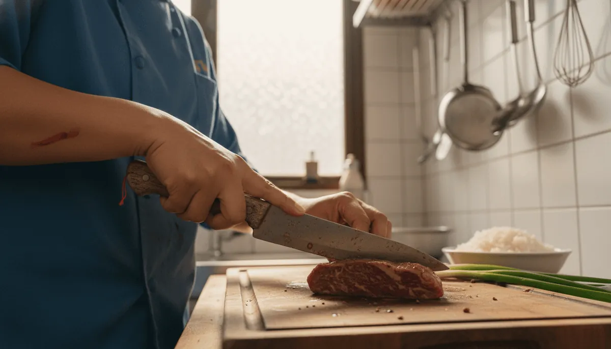 Chef cutting marinated steak for fried rice