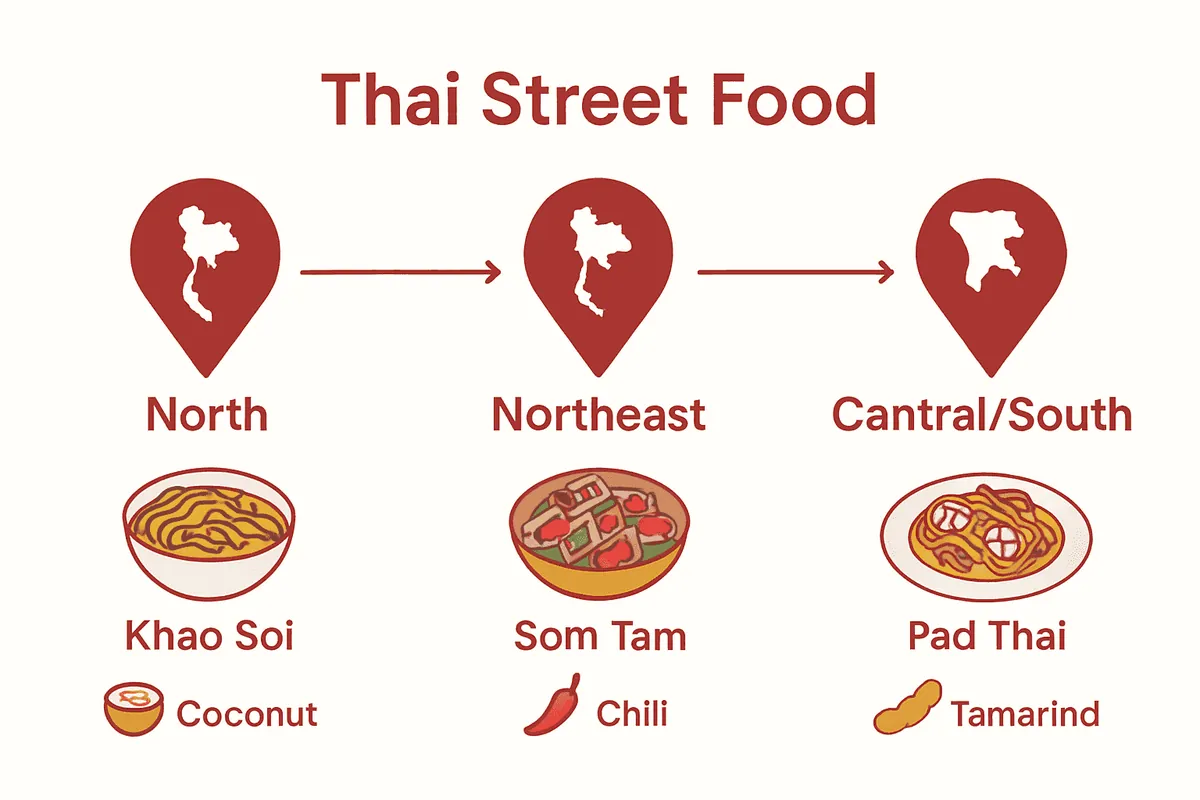 Infographic comparing Thai street food by region and signature dishes.