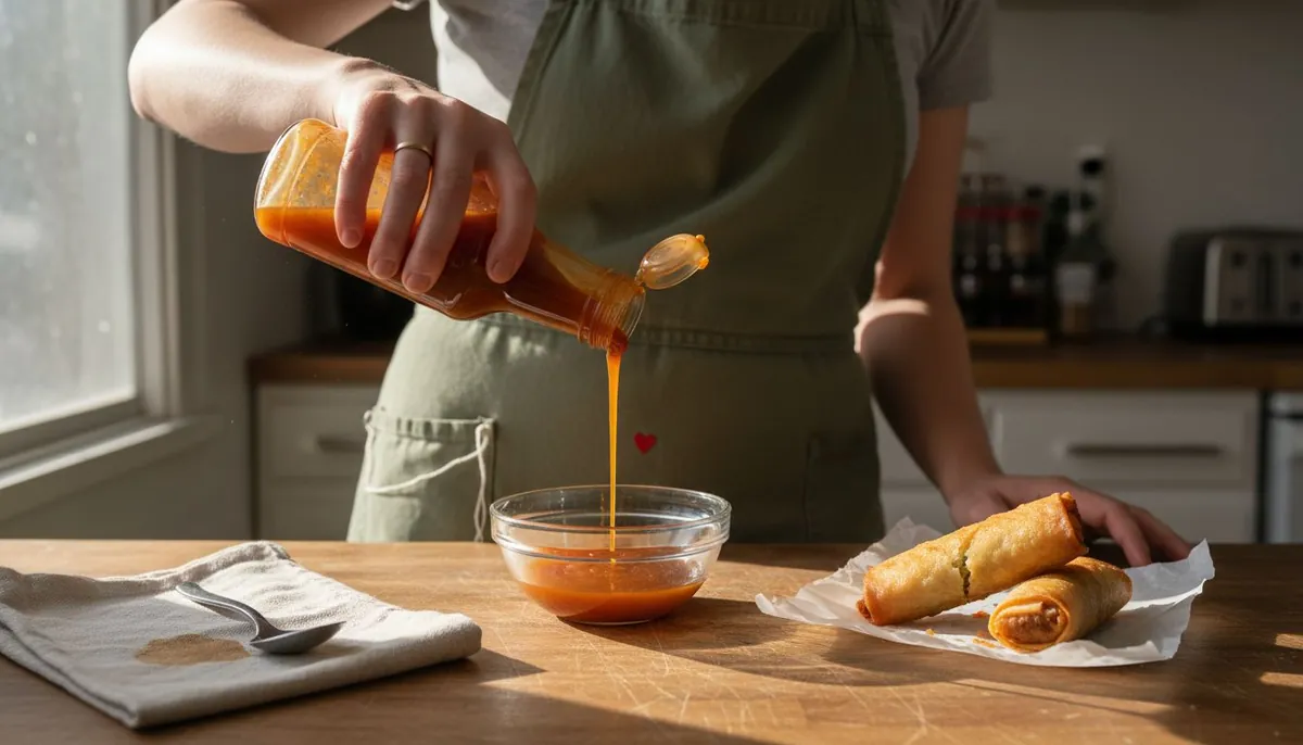 Home cook pouring sweet chili sauce